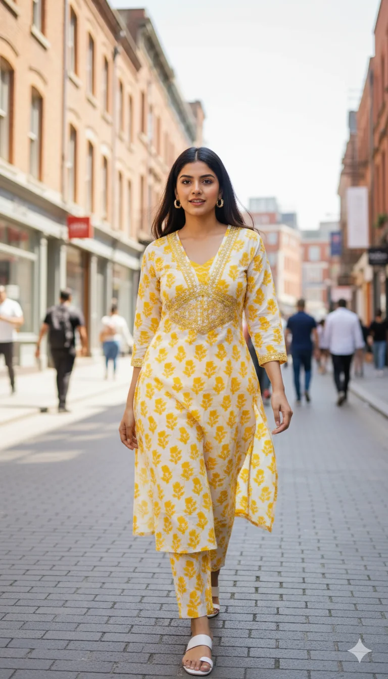 Yellow Color Marble Print Organza Suit