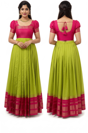 Women’s Pink and Green Cotton Silk Dress – Ethnic Elegance Meets Comfort