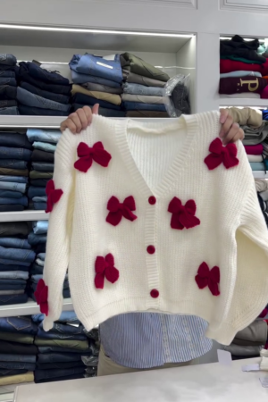 White Knit Cardigan with Red Bow Accents   Cute & Cozy Chic