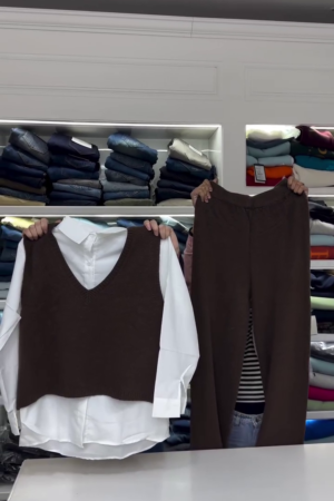 Grey V Neck Sweater Vest & Matching Knit Pants Set   Cozy Minimalist Chic