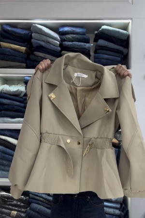 Women s Beige Belted Peplum Jacket   Elegant & Tailored Chic