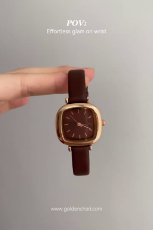 Women’s Watch with Brown Leather Strap and Gold-Tone Cushion-Shaped Case