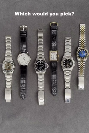 displays a curated collection of six distinct luxury watches, primarily vintage models