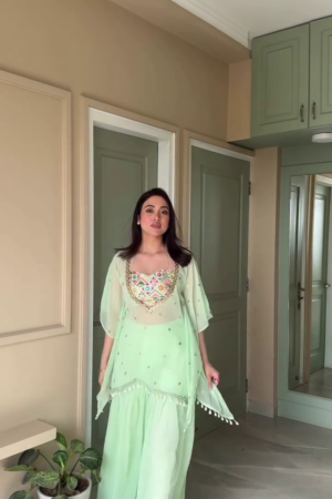 Pista Green Embroidered Kaftan with Crop Top and Sharara (Set of 3)