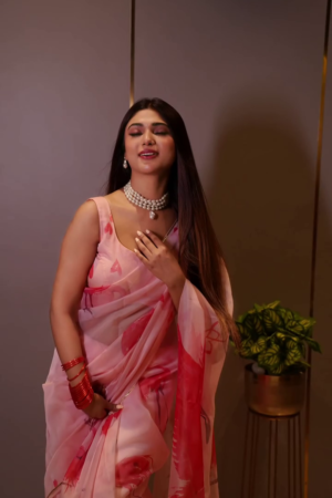 Orange Organza Printed Saree