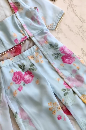 Silk Stylish Crop Top & Flowy Pant with Fancy Shrug for Women l Printed 3 Piece Ethnic Co Ord Set