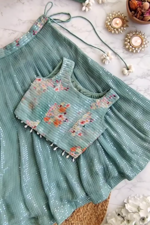 Sage Green Sequinned Lehenga with Floral Blouse (Kids)