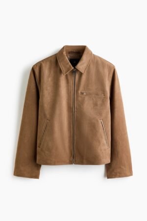 Camel brown faux suede zip jacket for men