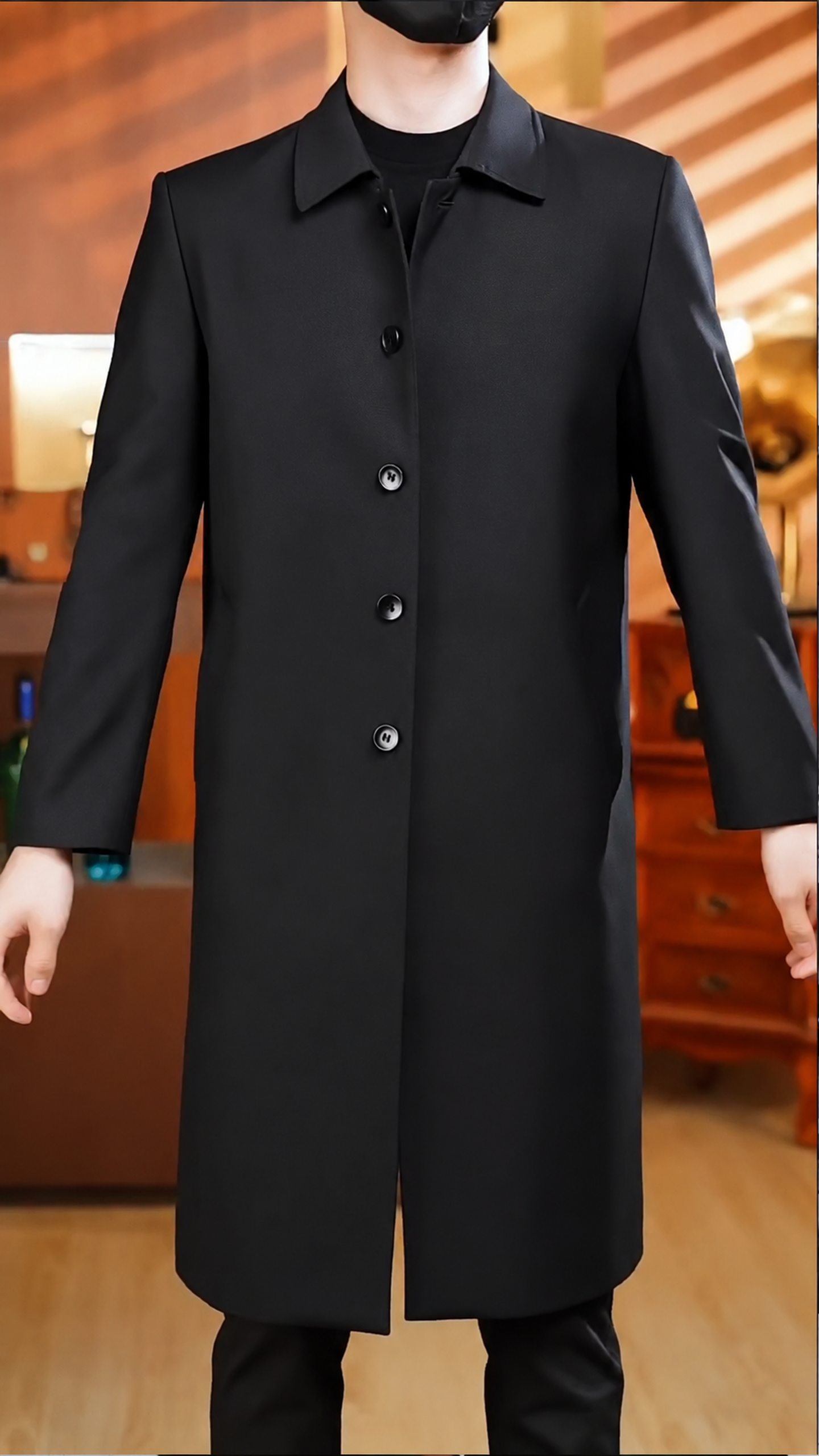 Men's Casual Trench Coat Slim Fit Notched Collar Long Jacket Overcoat Single Breasted Pea Coat wih Pockets - Image 6