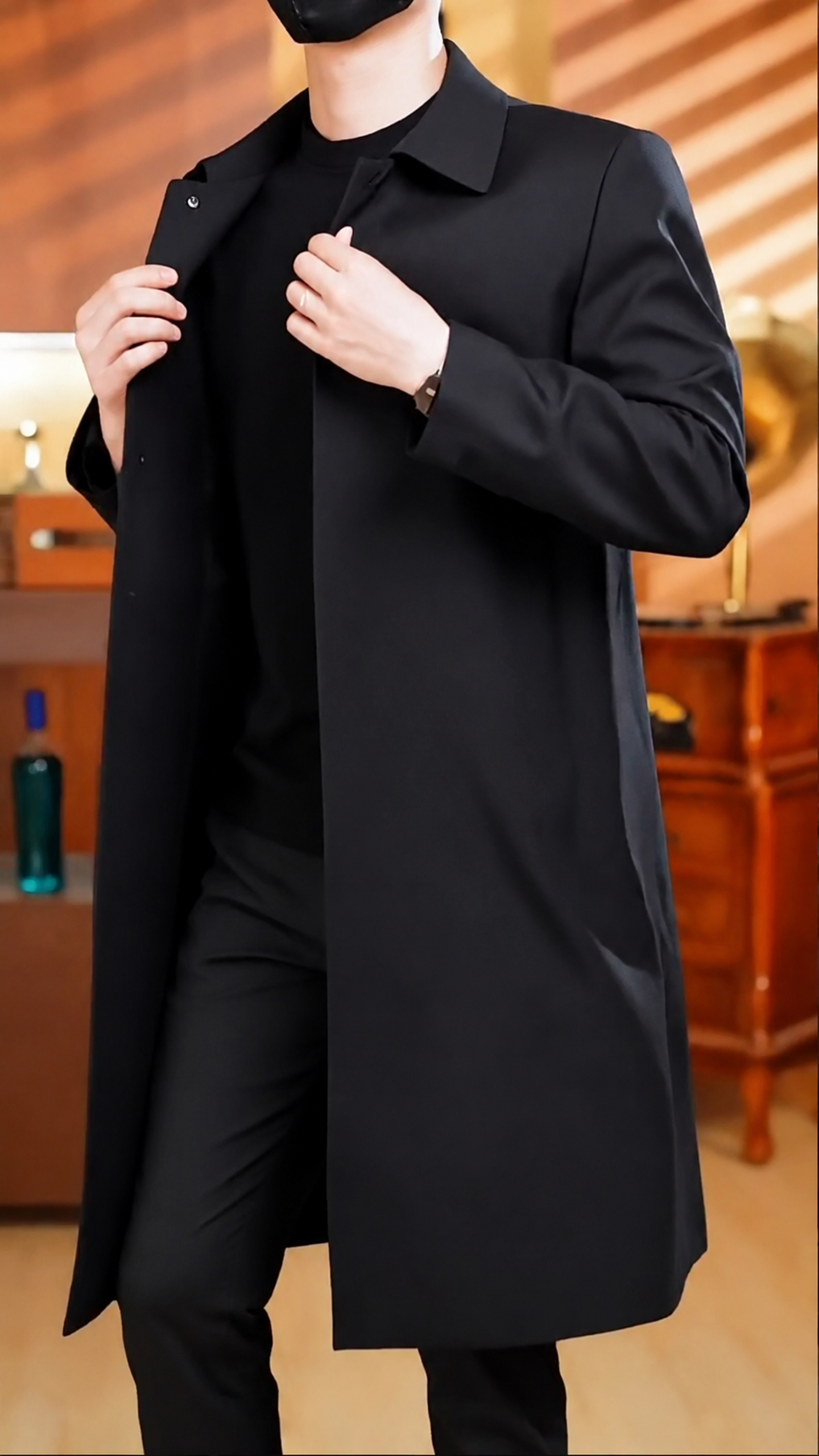 Men's Casual Trench Coat Slim Fit Notched Collar Long Jacket Overcoat Single Breasted Pea Coat wih Pockets - Image 4