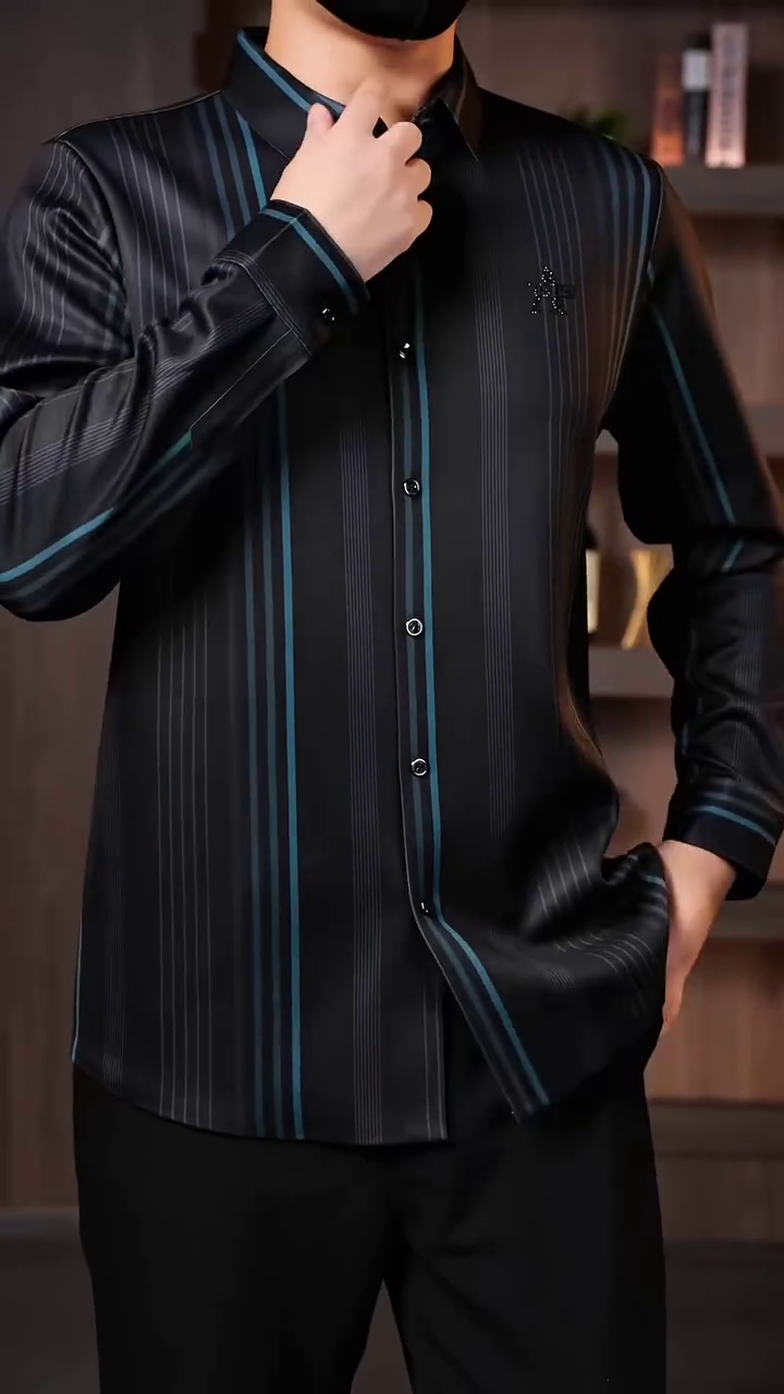 Men’s Black Vertical Stripe Formal Shirt with Contrast Detailing - Image 5